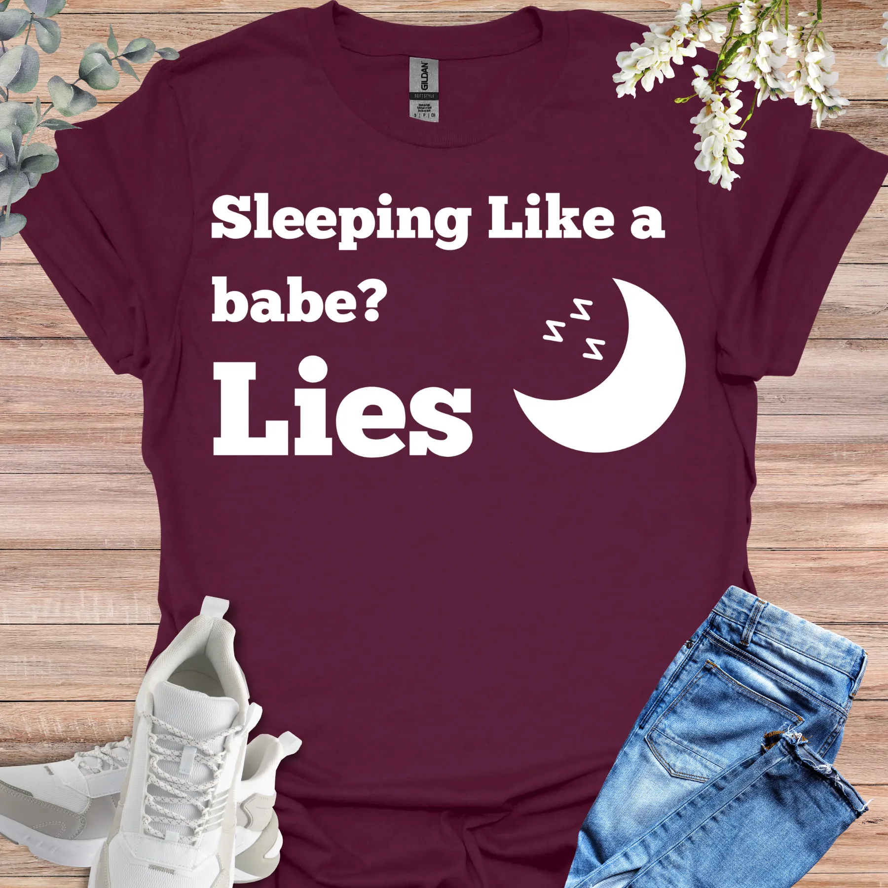 sleeping like a babe - toddler mom tee maroon