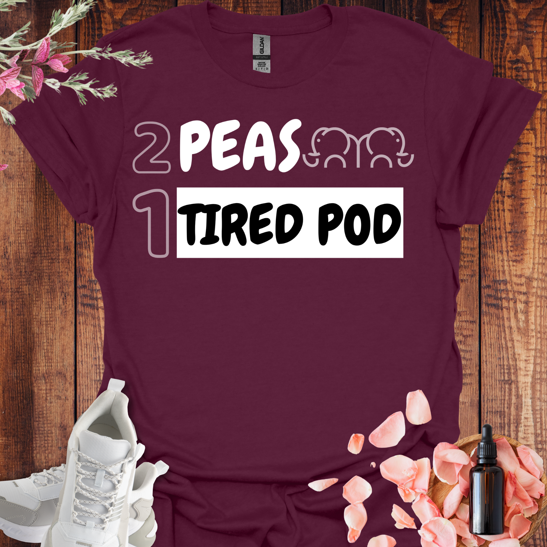 2 peas. 1 tired pod twins parent shirt maroon
