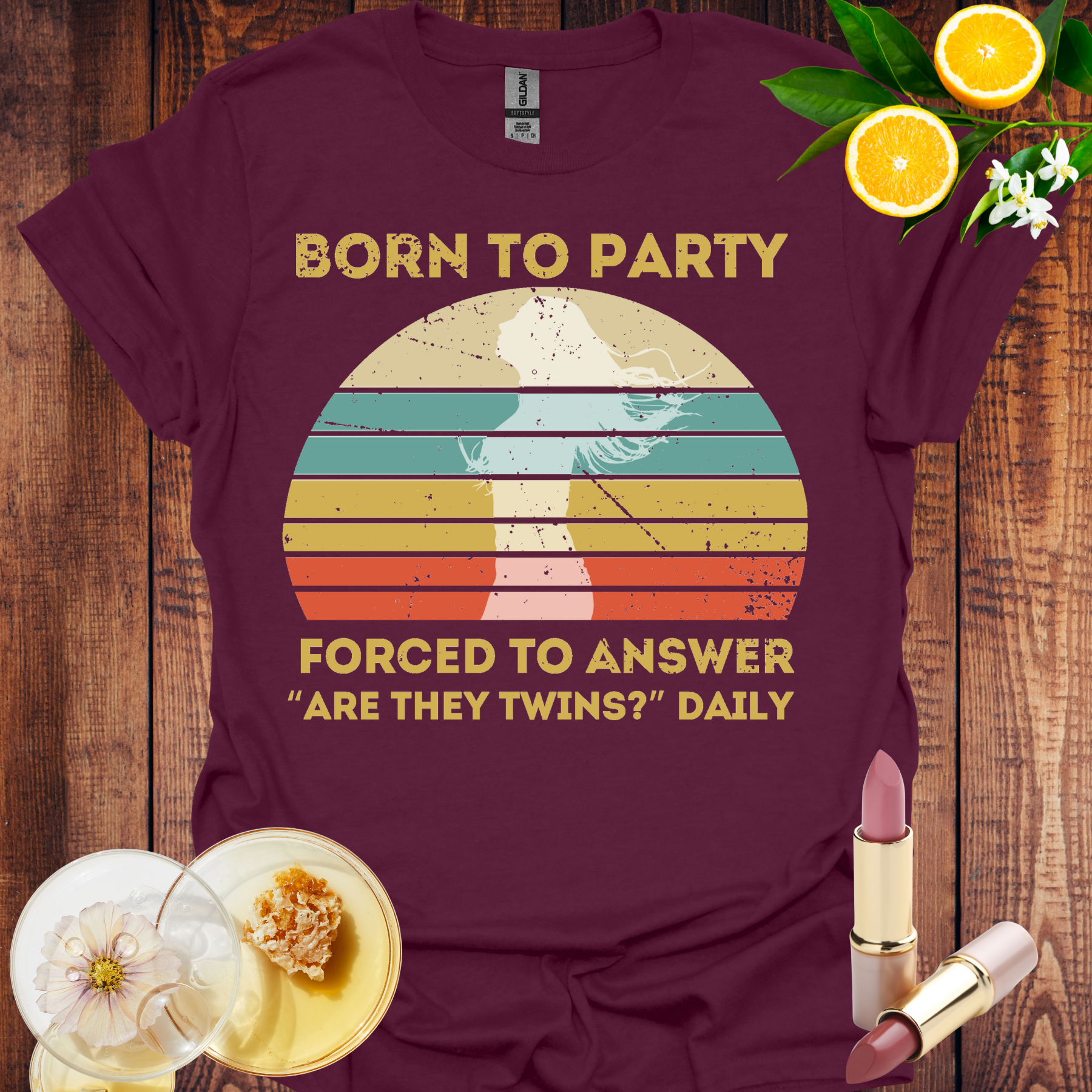 born to party, twin mom tee maroon