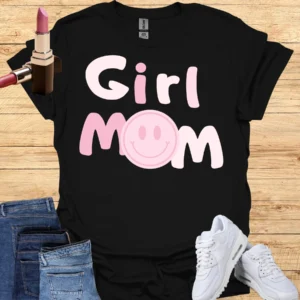 girl mom smiley face tee black