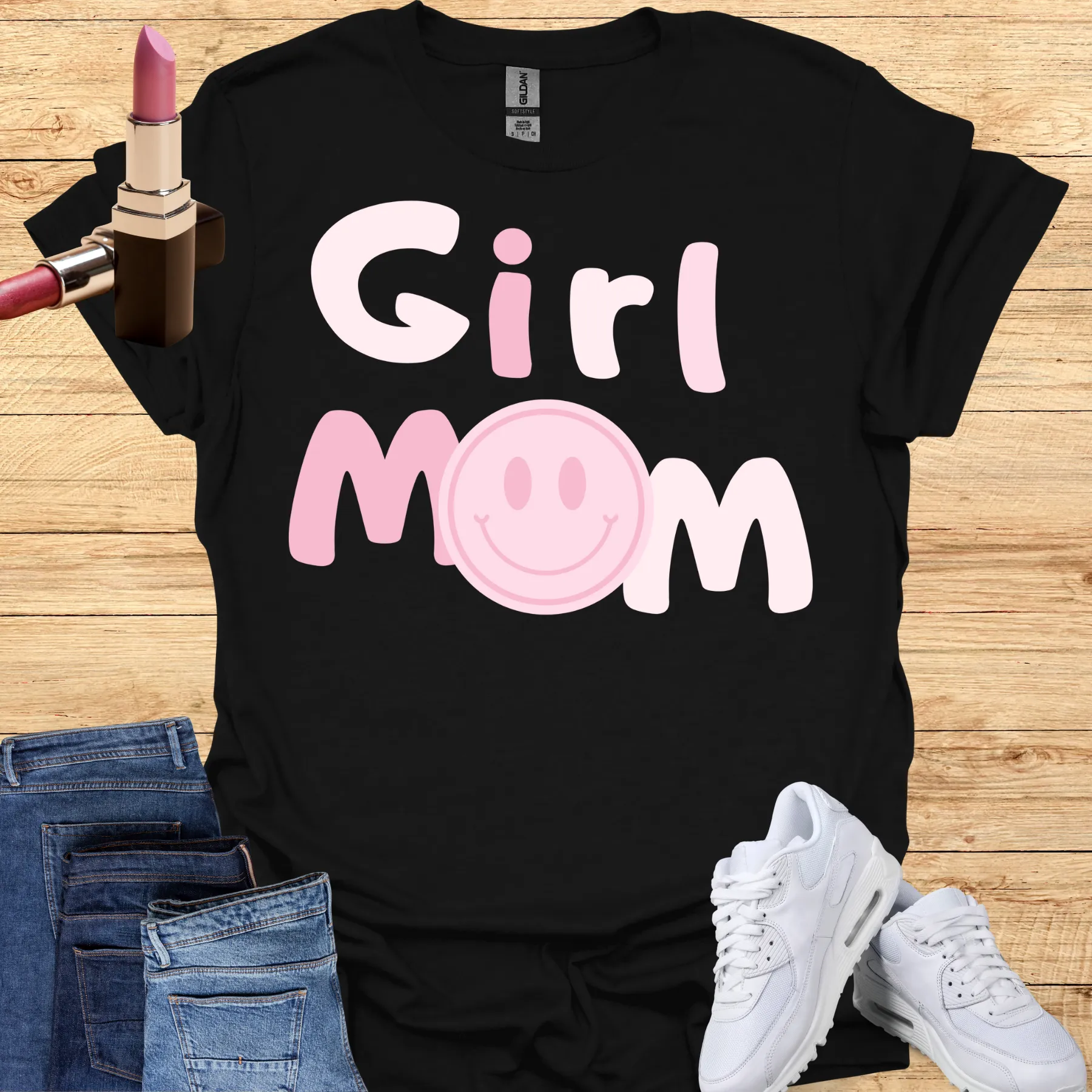 girl mom smiley face tee black