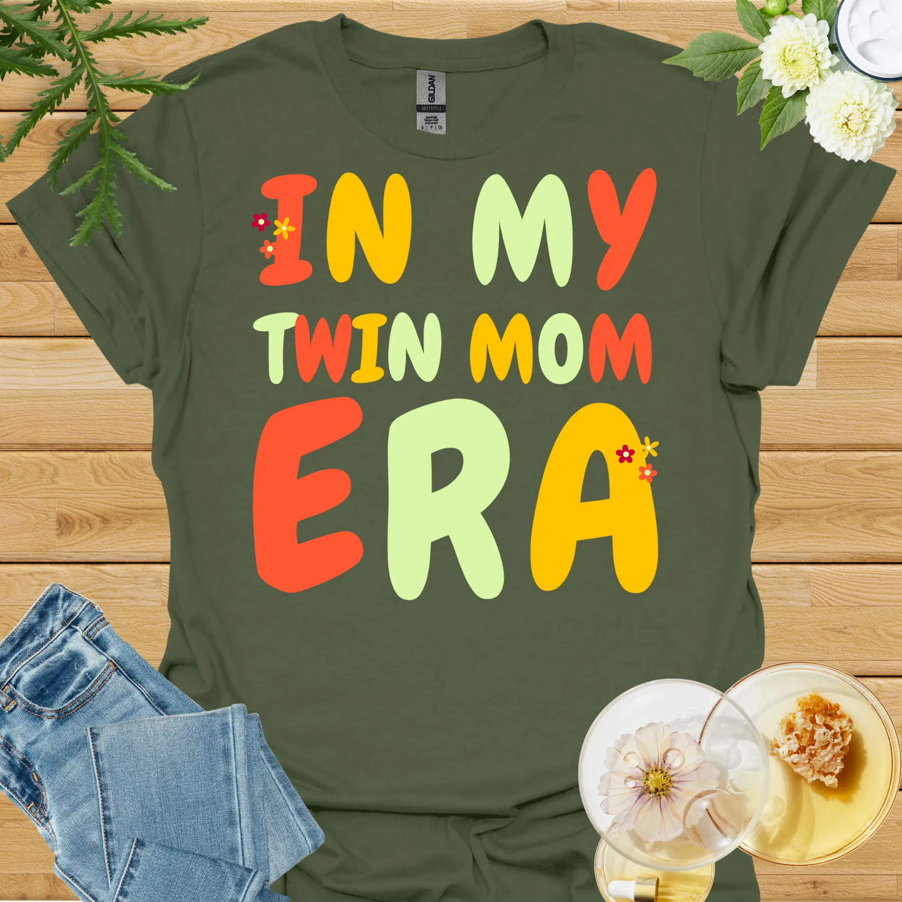 in my twin mom era shirt military green