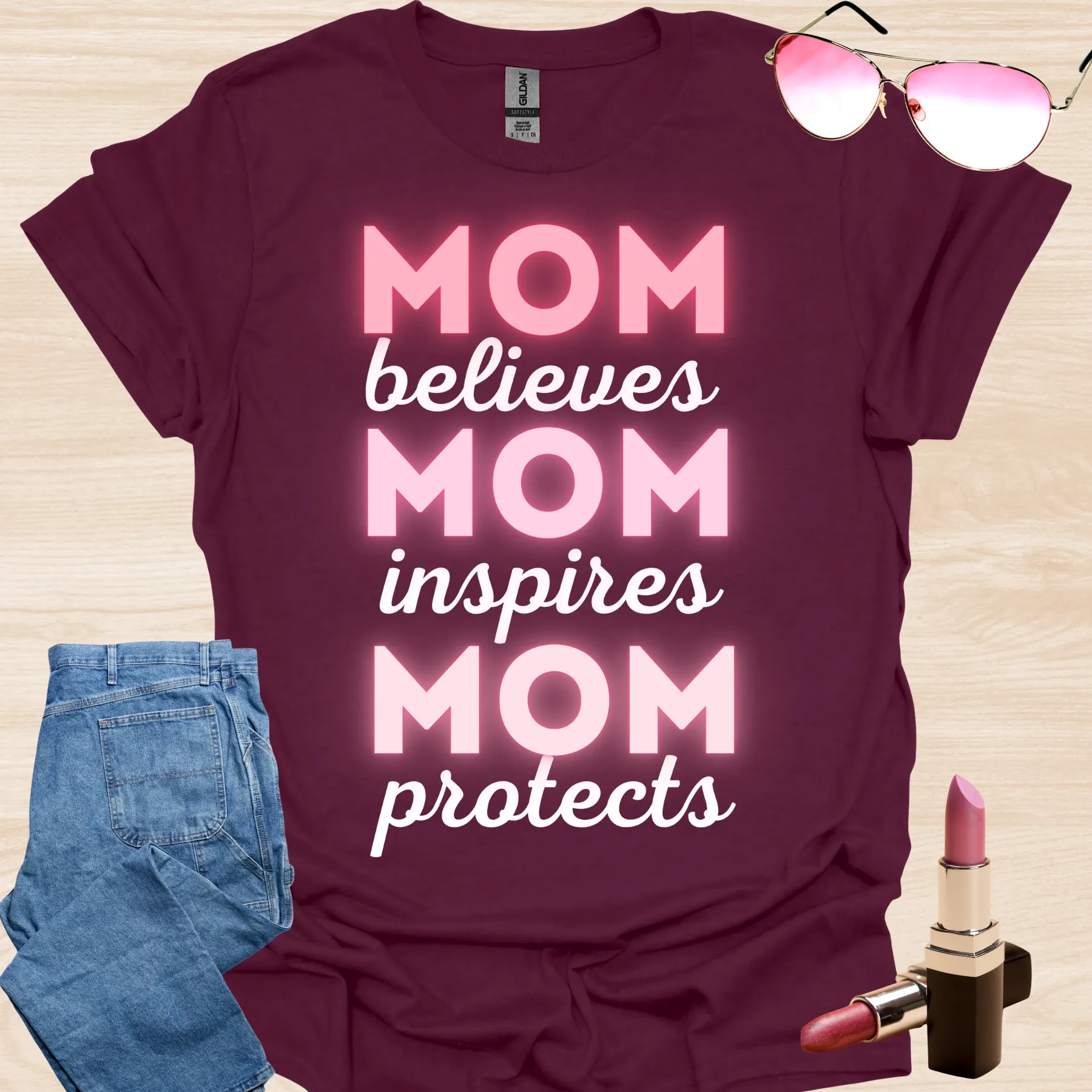 Mom - Believes, Inspires, Protects Tee maroon